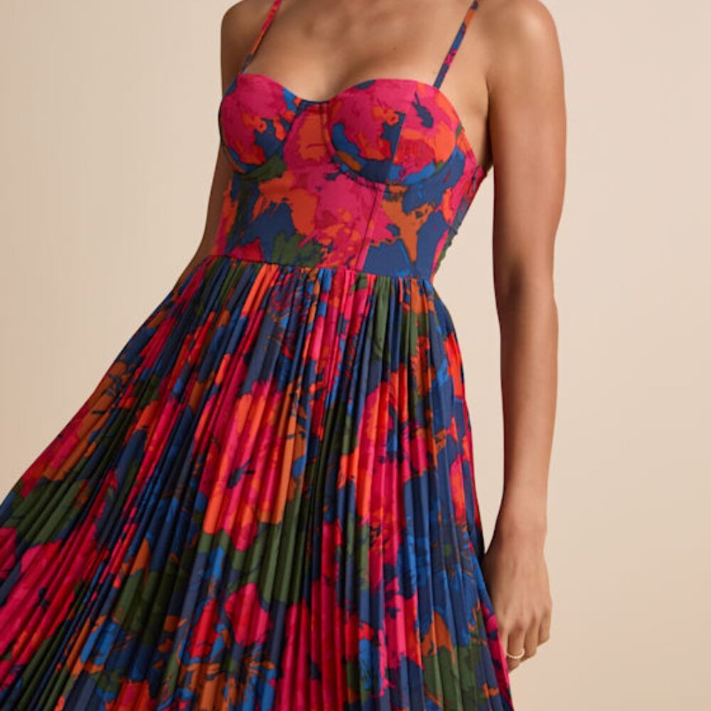 Lulus Dorothy Dark Blue Multi Flower Pleated Midi Dress - Size XL